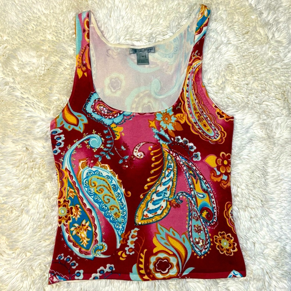 Alberto Makali Vintage Paisley Beaded Sequin U-Plunge Multicolor Sleeveless Top